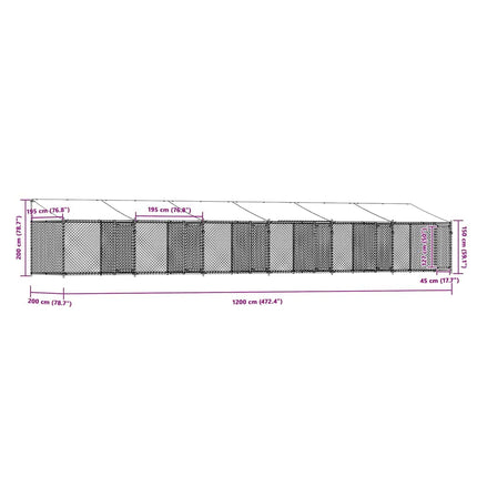 hundegård med tag og låger 12x2x2 m galvaniseret stål grå