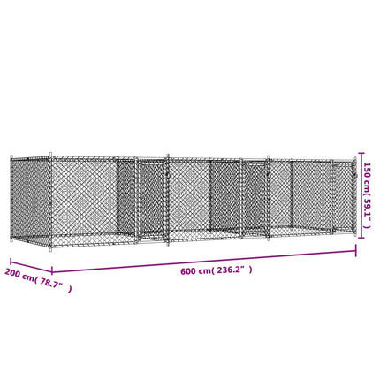 hundegård med låge 6x2x1,5 m galvaniseret stål grå