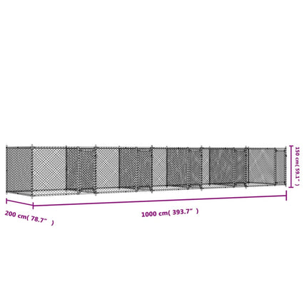 hundegård med låger 10x2x1,5 m galvaniseret stål grå