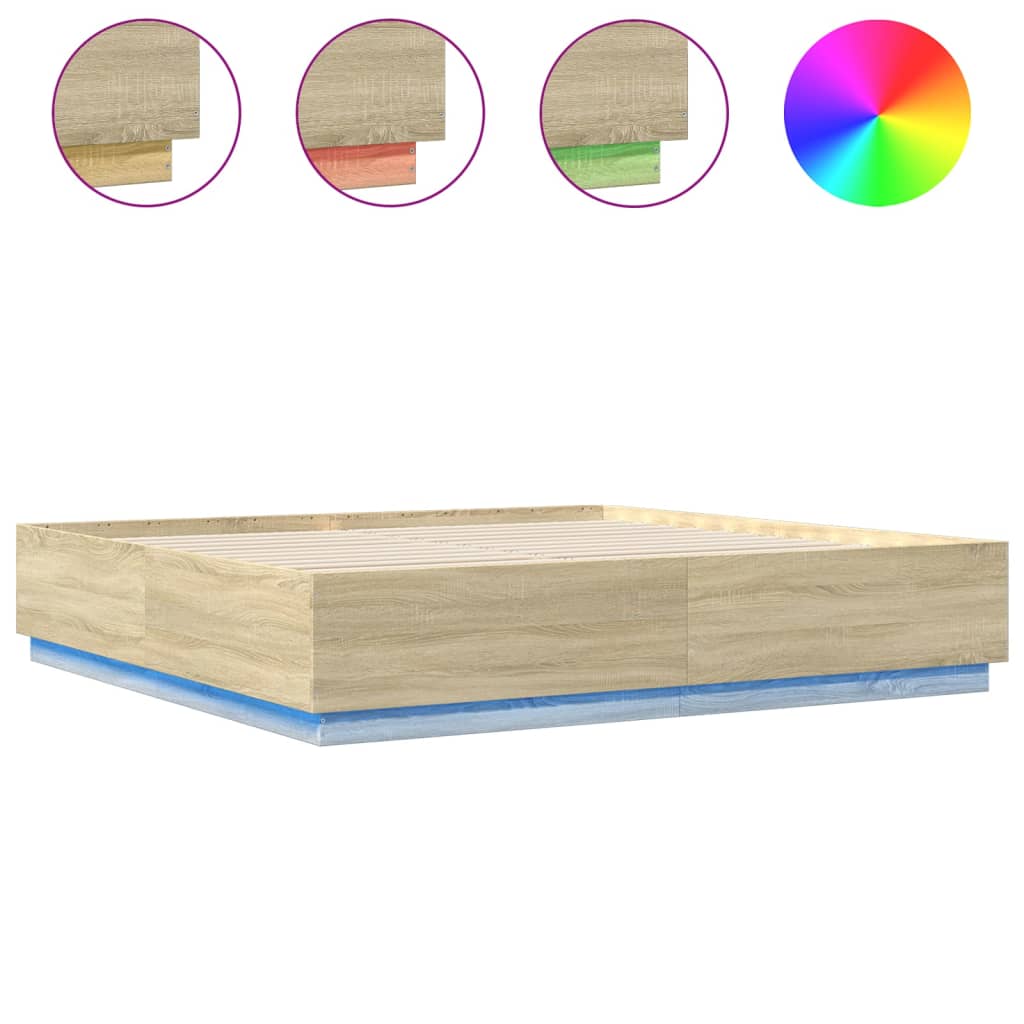 sengeramme med LED-lys 200x200 cm konstrueret træ sonoma-eg