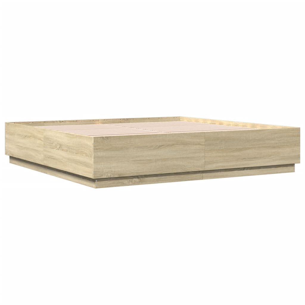 sengeramme med LED-lys 200x200 cm konstrueret træ sonoma-eg