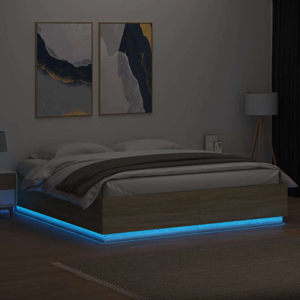 sengeramme med LED-lys 200x200 cm konstrueret træ sonoma-eg