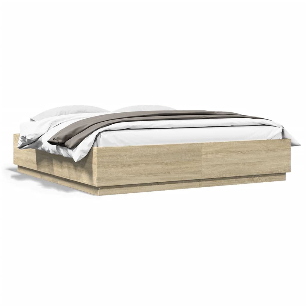 sengeramme med LED-lys 200x200 cm konstrueret træ sonoma-eg