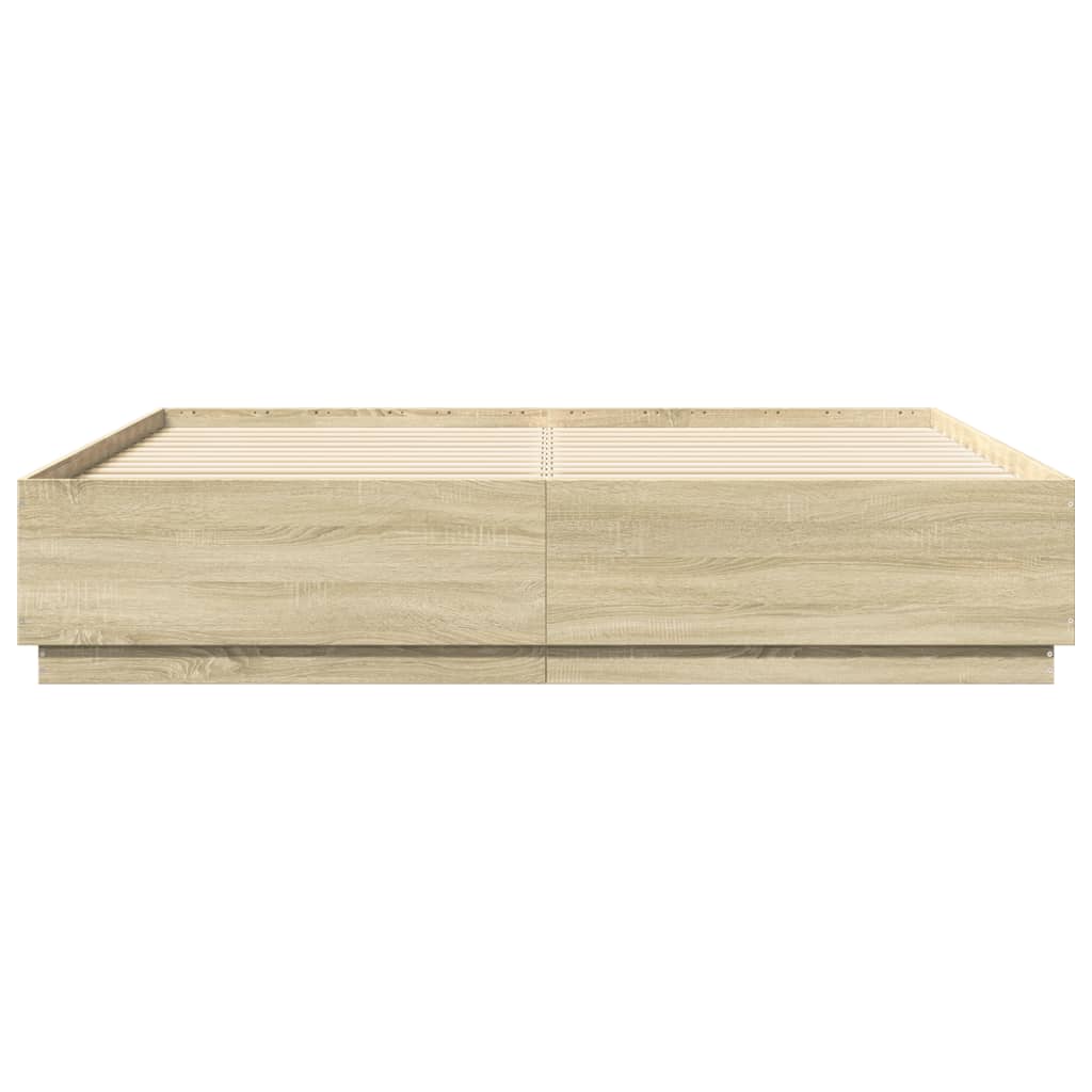 sengeramme med LED-lys 200x200 cm konstrueret træ sonoma-eg