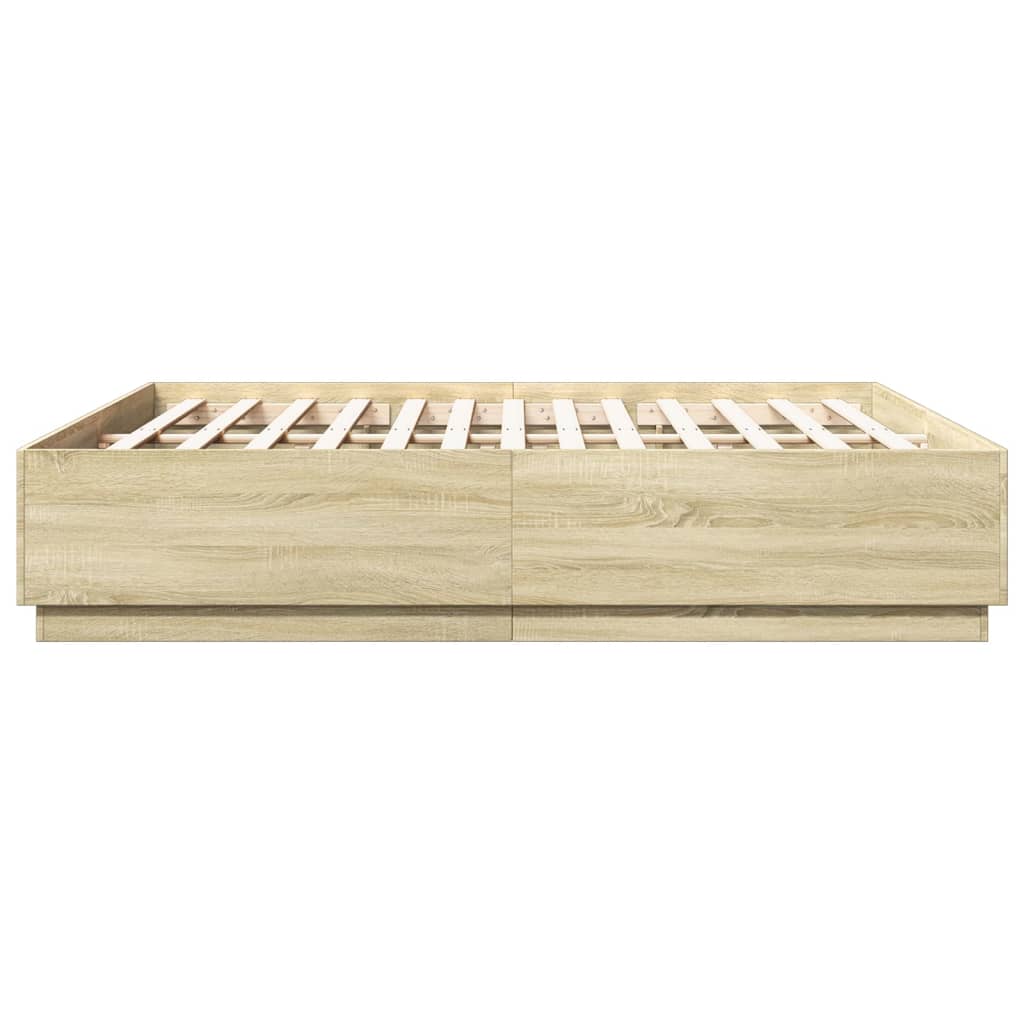 sengeramme med LED-lys 200x200 cm konstrueret træ sonoma-eg