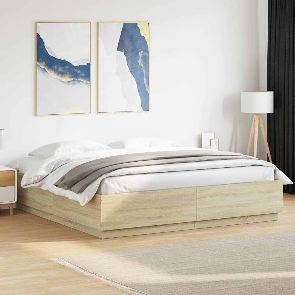 sengeramme med LED-lys 200x200 cm konstrueret træ sonoma-eg