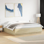 sengeramme med LED-lys 200x200 cm konstrueret træ sonoma-eg
