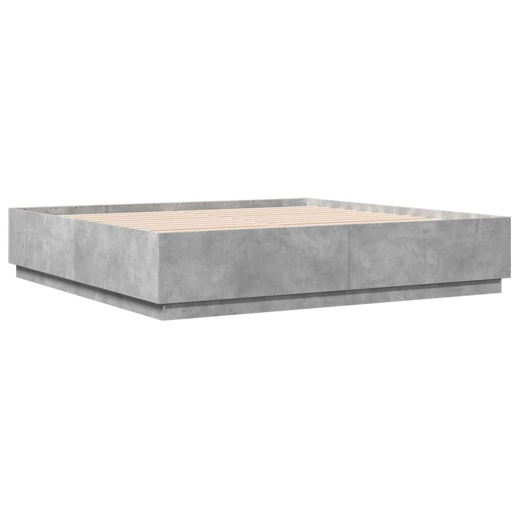 sengeramme med LED-lys 200x200 cm konstrueret træ betongrå