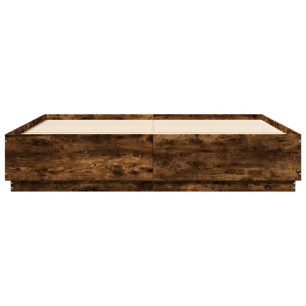 sengeramme med LED-lys 200x200 cm konstrueret træ røget eg