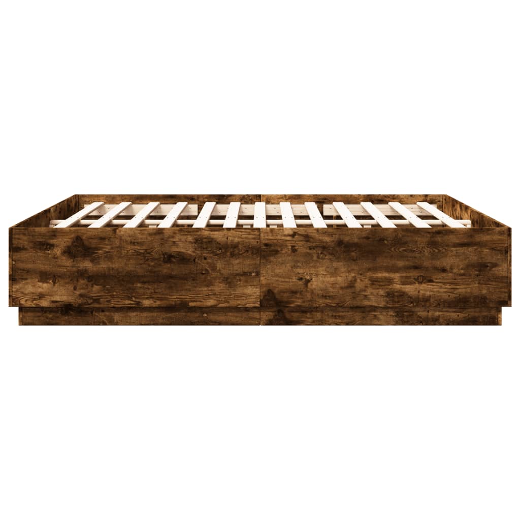sengeramme med LED-lys 200x200 cm konstrueret træ røget eg