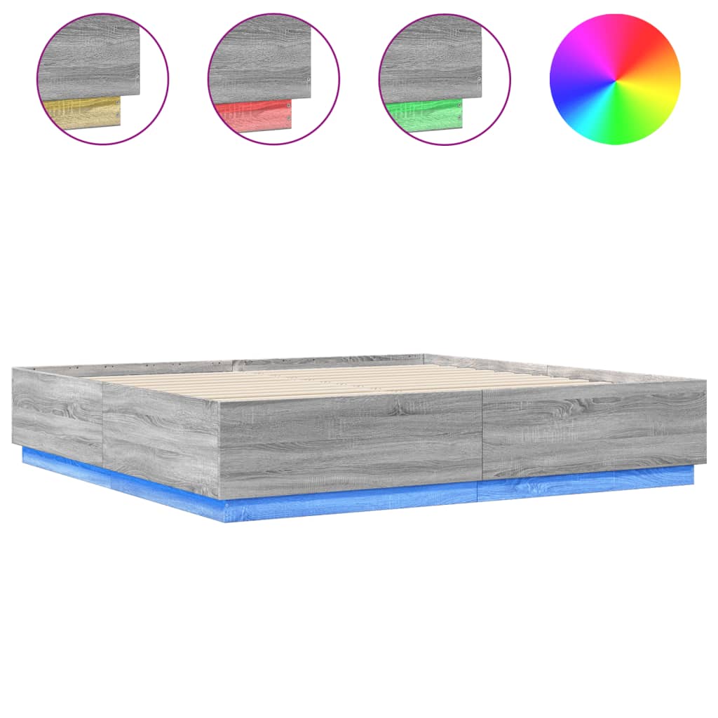 sengeramme med LED-lys 200x200 cm konstrueret træ grå sonoma-eg