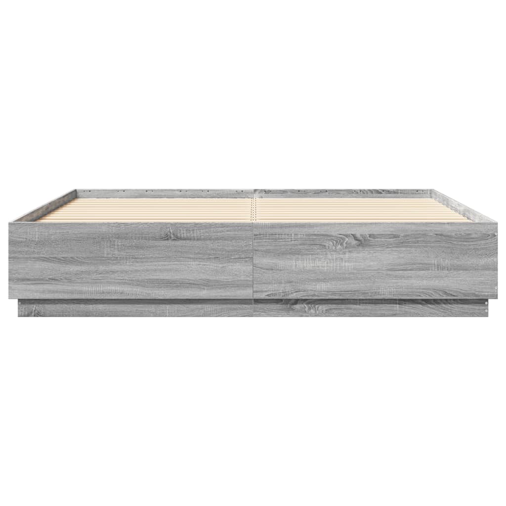 sengeramme med LED-lys 200x200 cm konstrueret træ grå sonoma-eg
