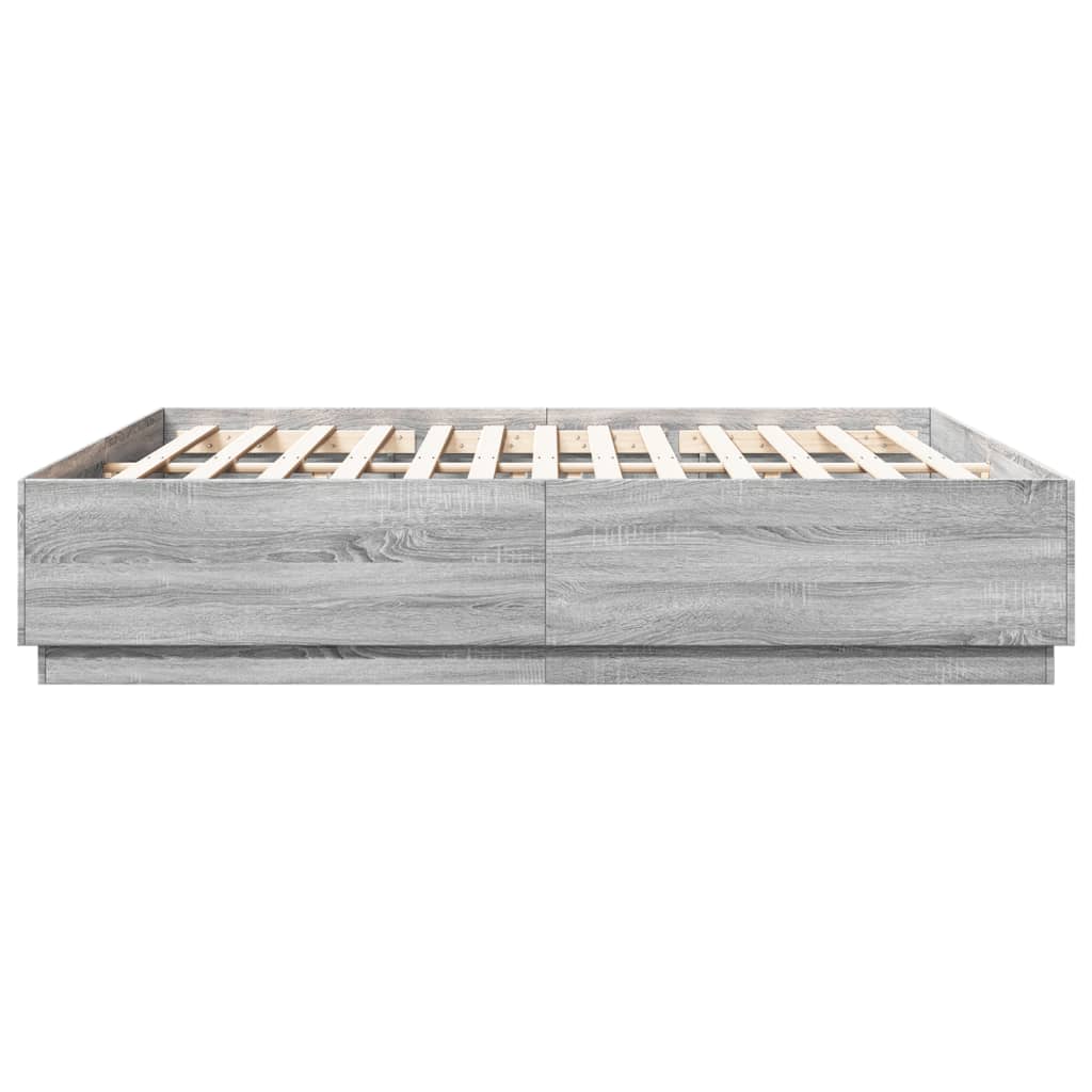 sengeramme med LED-lys 200x200 cm konstrueret træ grå sonoma-eg