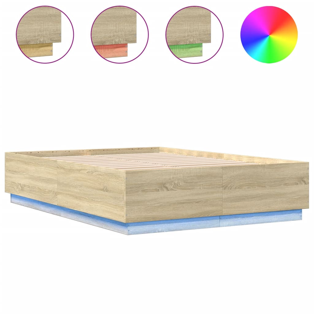 sengeramme med LED-lys 160x200 cm konstrueret træ sonoma-eg