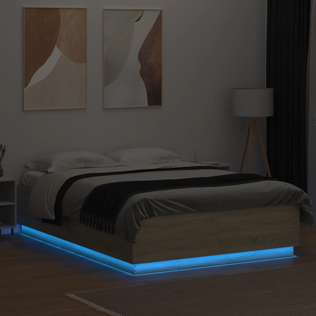 sengeramme med LED-lys 160x200 cm konstrueret træ sonoma-eg