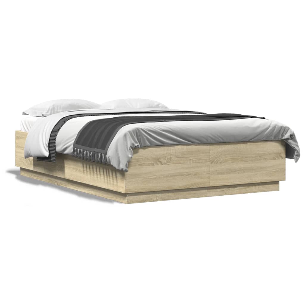 sengeramme med LED-lys 160x200 cm konstrueret træ sonoma-eg