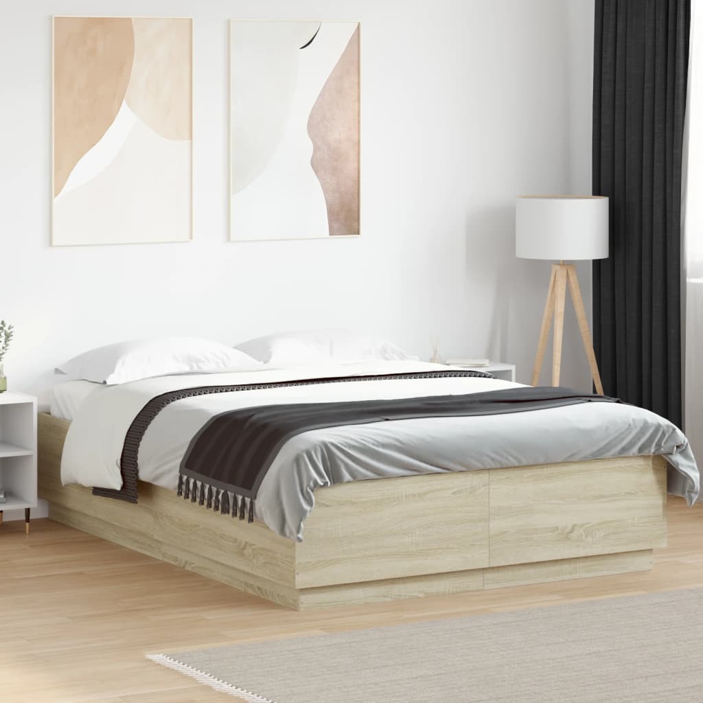 sengeramme med LED-lys 160x200 cm konstrueret træ sonoma-eg
