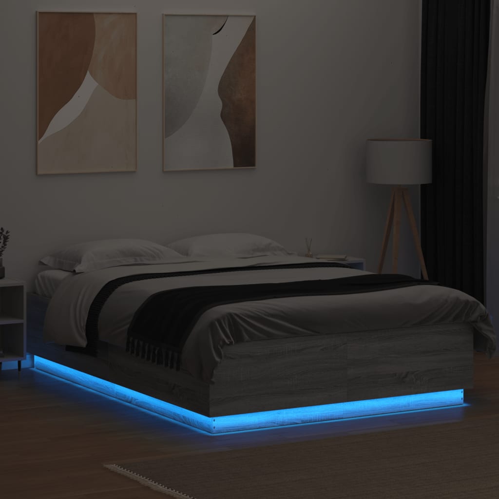 sengeramme med LED-lys 160x200 cm konstrueret træ grå sonoma-eg