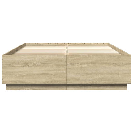 sengeramme med LED-lys 150x200 cm konstrueret træ sonoma-eg