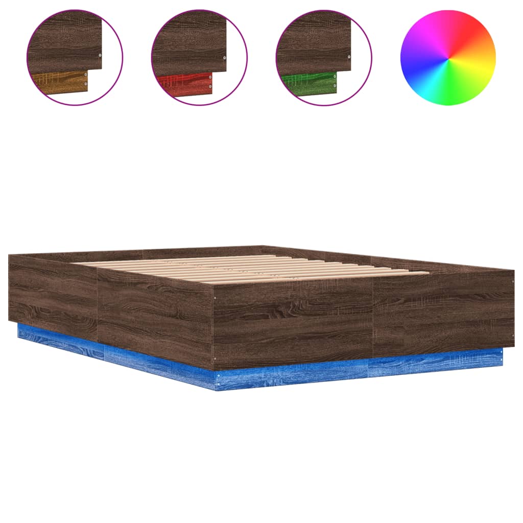 sengeramme med LED-lys 150x200 cm konstrueret træ brunt egetræ