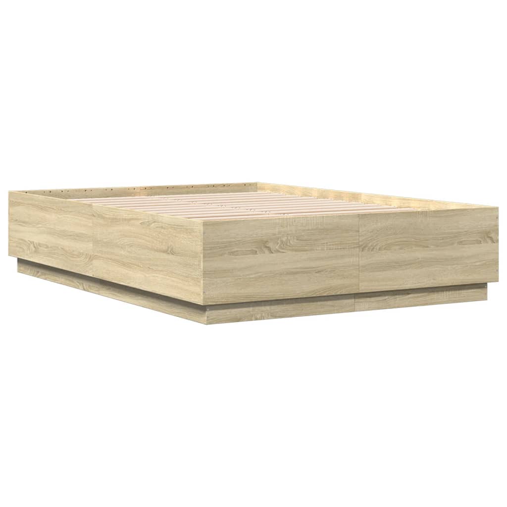 sengeramme med LED-lys 140x200 cm konstrueret træ sonoma-eg