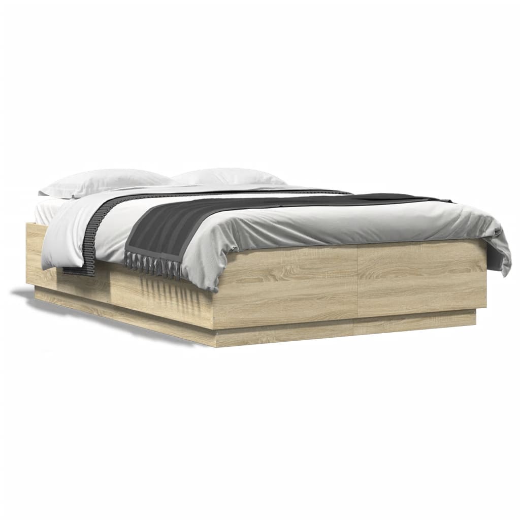 sengeramme med LED-lys 140x200 cm konstrueret træ sonoma-eg
