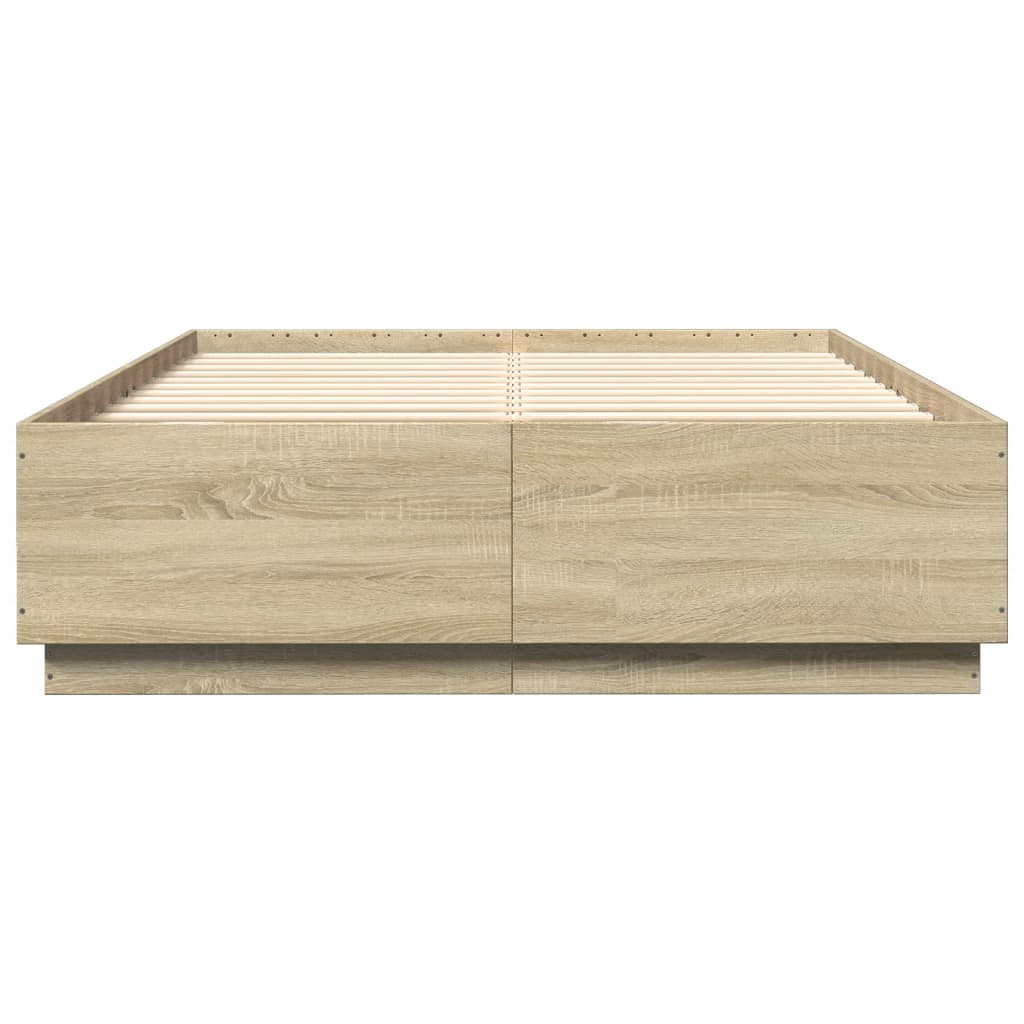 sengeramme med LED-lys 140x200 cm konstrueret træ sonoma-eg