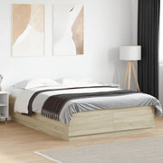 sengeramme med LED-lys 140x200 cm konstrueret træ sonoma-eg