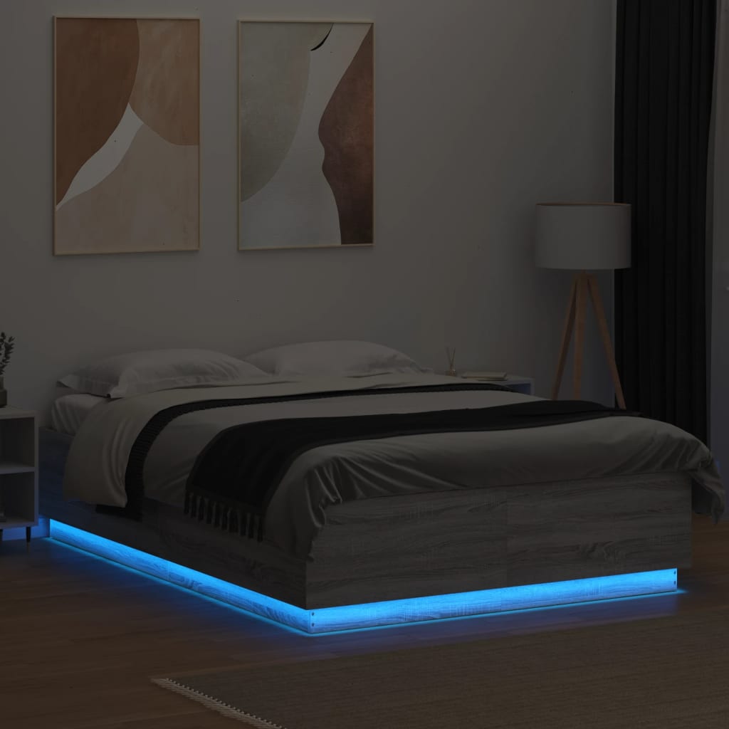 sengeramme med LED-lys 140x200 cm konstrueret træ grå sonoma-eg