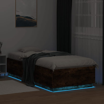 sengeramme med LED-lys 90x200 cm røget egetræsfarve