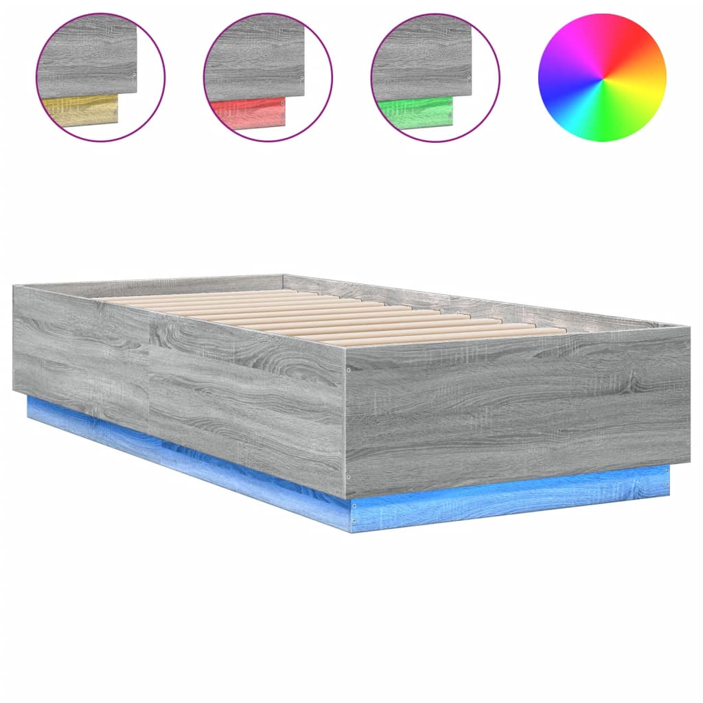 sengeramme med LED-lys 90x200 cm konstrueret træ grå sonoma-eg