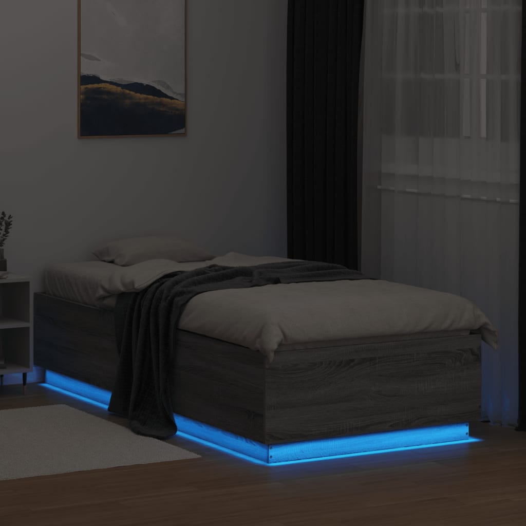 sengeramme med LED-lys 90x200 cm konstrueret træ grå sonoma-eg