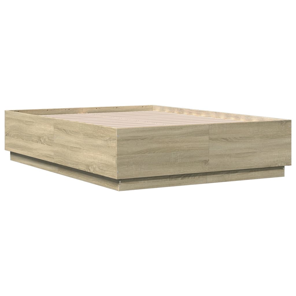 sengeramme med LED-lys 140x190 cm konstrueret træ sonoma-eg