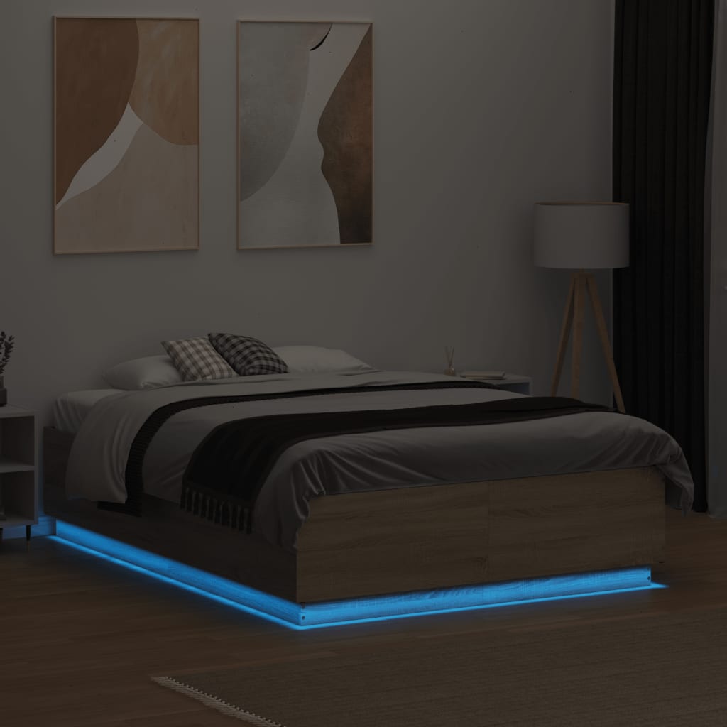 sengeramme med LED-lys 140x190 cm konstrueret træ sonoma-eg