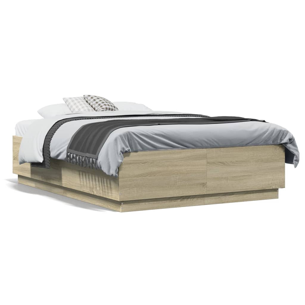 sengeramme med LED-lys 140x190 cm konstrueret træ sonoma-eg