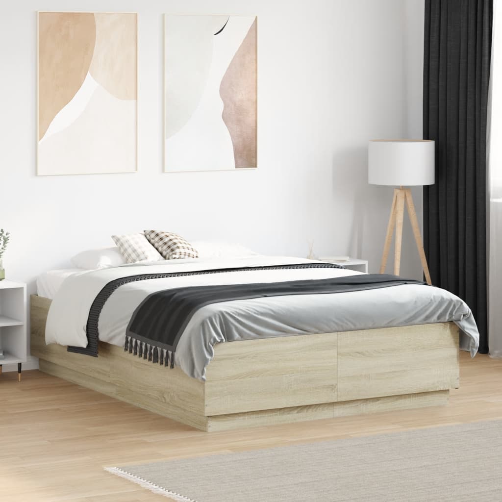 sengeramme med LED-lys 140x190 cm konstrueret træ sonoma-eg
