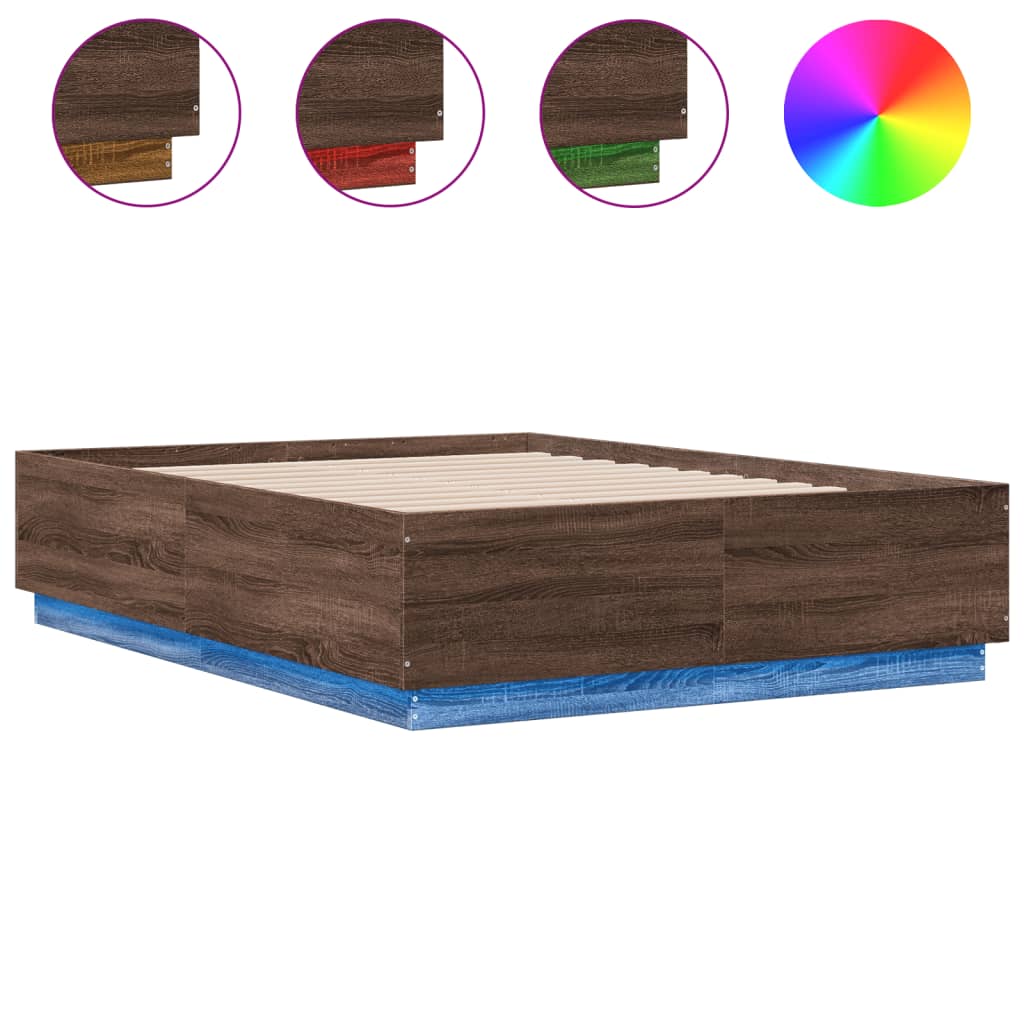 sengeramme med LED-lys 140x190 cm konstrueret træ brunt eg