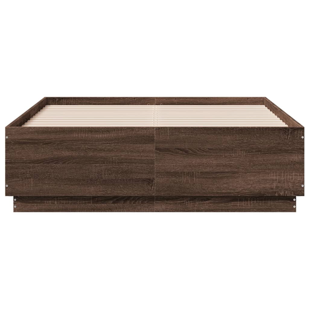 sengeramme med LED-lys 140x190 cm konstrueret træ brunt eg
