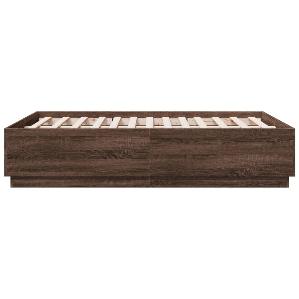 sengeramme med LED-lys 140x190 cm konstrueret træ brunt eg