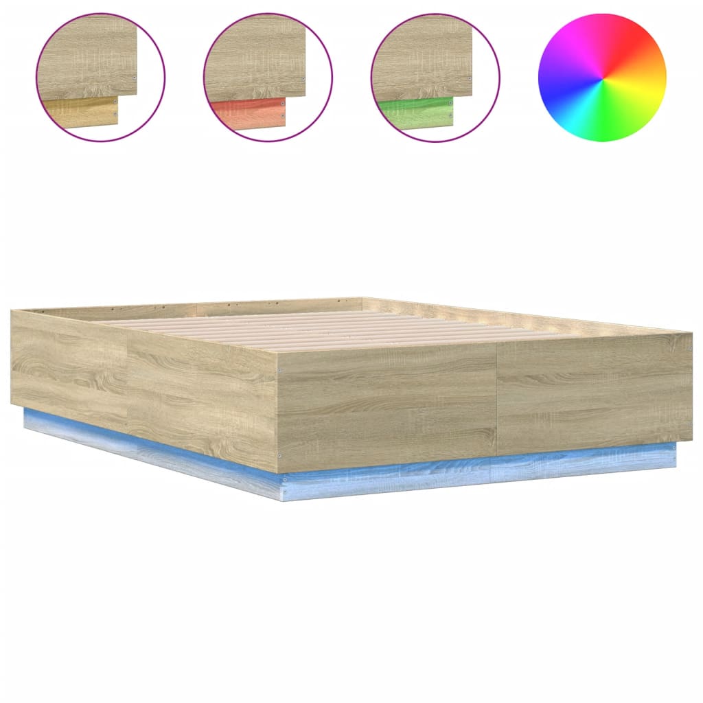 sengeramme med LED-lys 120x190 cm konstrueret træ sonoma-eg