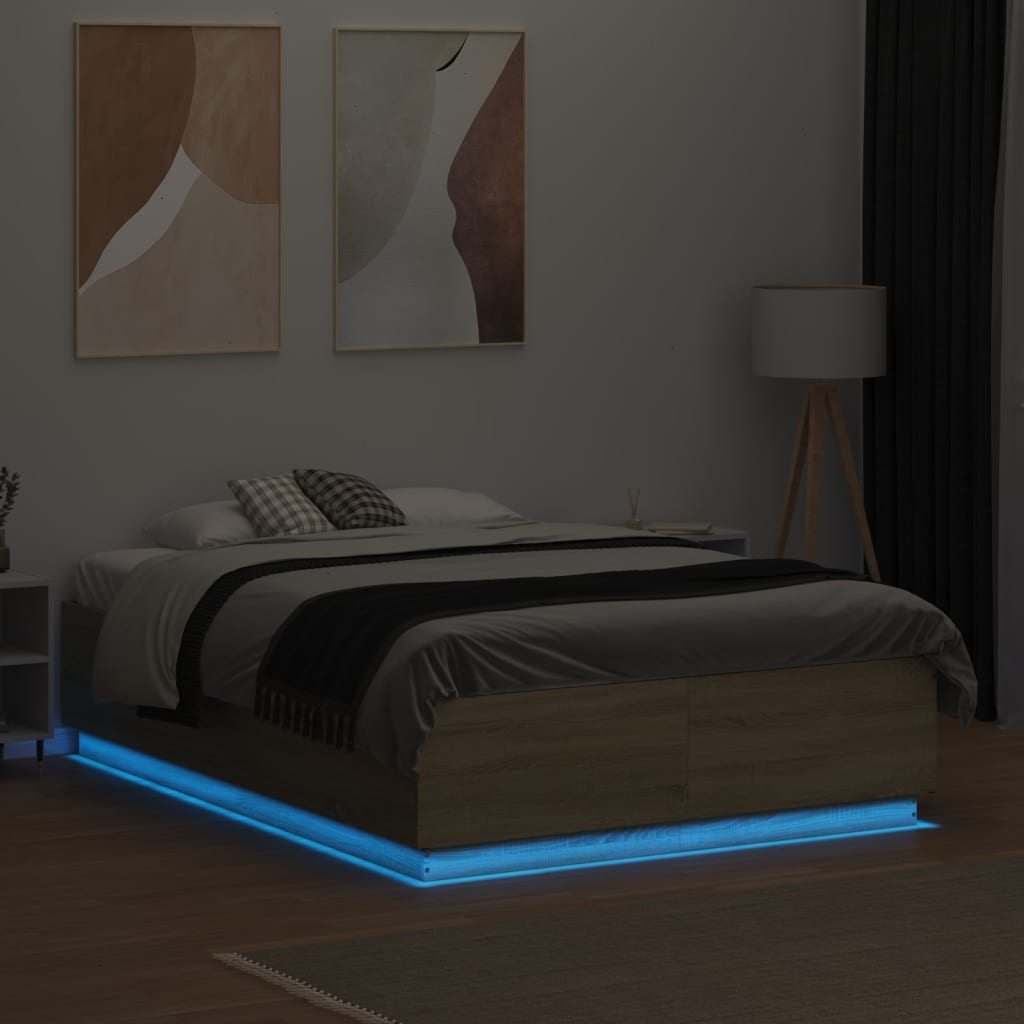 sengeramme med LED-lys 120x190 cm konstrueret træ sonoma-eg