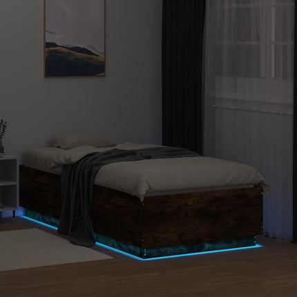 sengeramme LED-lys 90x190 cm konstrueret træ røget egetræsfarve