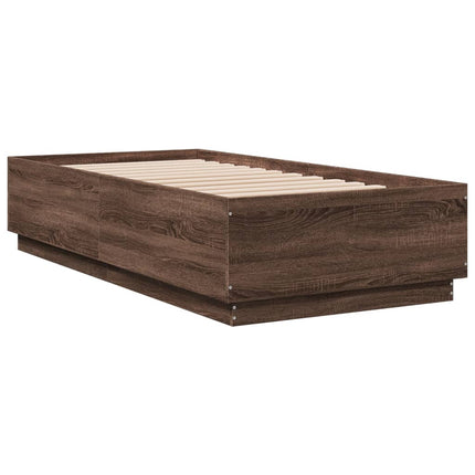 sengeramme med LED-lys 90x190 cm konstrueret træ brun egetræ