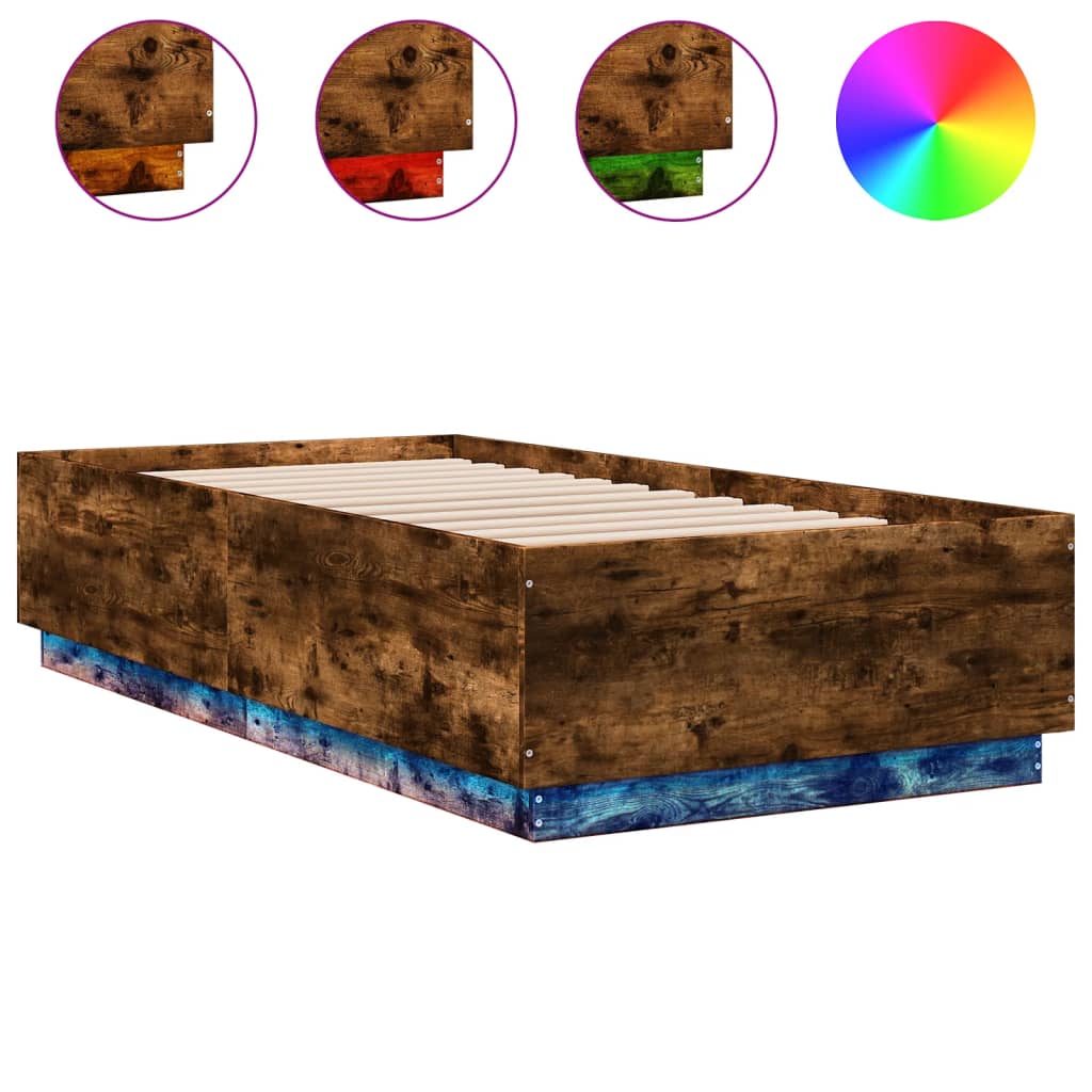 sengeramme med LED-lys 75x190 cm konstrueret træ røget eg
