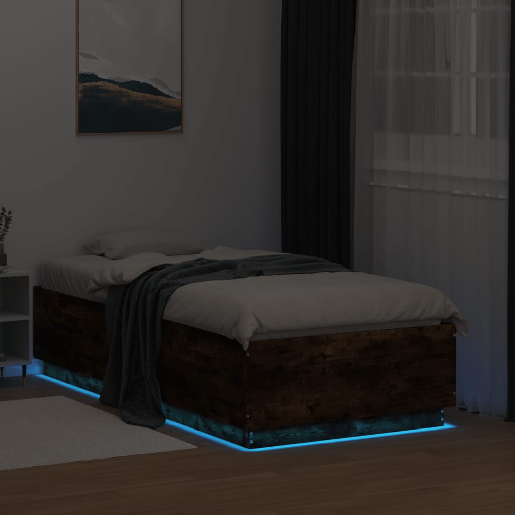 sengeramme med LED-lys 75x190 cm konstrueret træ røget eg