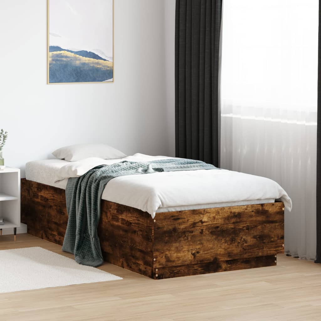 sengeramme med LED-lys 75x190 cm konstrueret træ røget eg