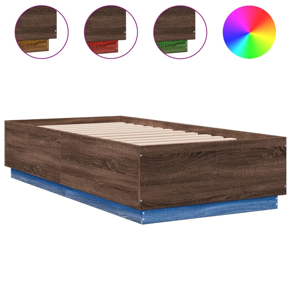 sengeramme med LED-lys 75x190 cm konstrueret træ brunt eg