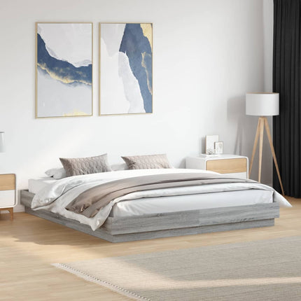 sengeramme med LED-lys 200x200 cm grå sonoma-eg