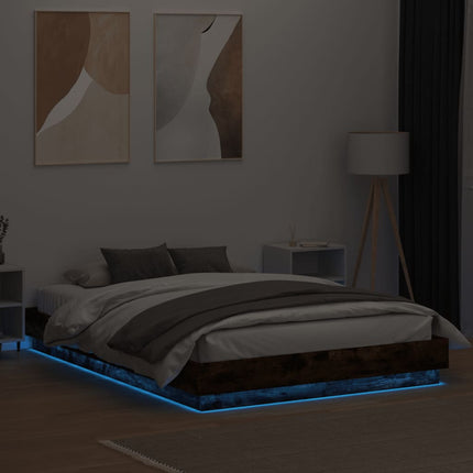 sengeramme med LED-lys 150x200 cm røget egetræsfarve