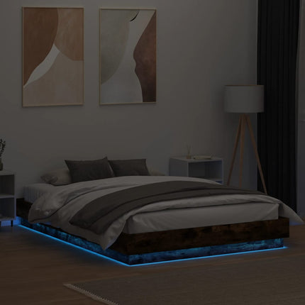 sengeramme med LED-lys 140x200 cm røget egetræsfarve